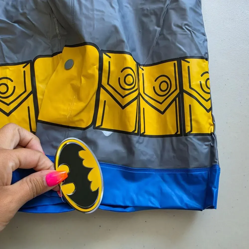 Batman Rain Poncho Kids Medium Gray Vinyl Hooded Snap Waterproof Logo Belt